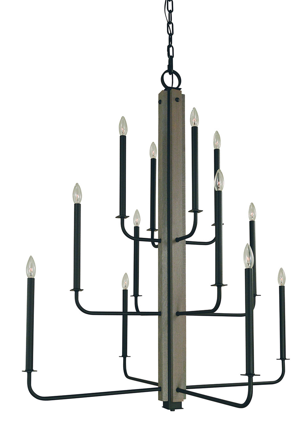 Framburg 12-Light Matte Black Grey Oak Accents Loft Foyer Chandelier