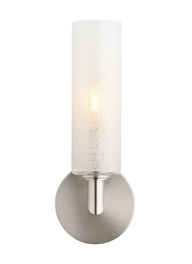 Vetra linen glass wall sconce with satin nickel finish mounted on interior wall