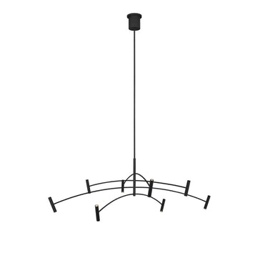 Aerial 60-inch matte black chandelier with three horizontal LED bars suspended for modern dining or living room lighting