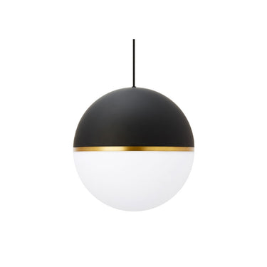 Akova Grande 13.7-inch globe pendant light in matte black aged brass over modern kitchen island workspace