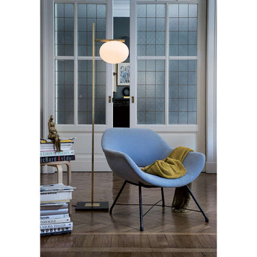 Alba 1-Light Floor Lamp by Oluce in polished opaline glass with satin brass frame for modern living room