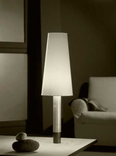Contemporary wood table lamp with parchment shade and bronze base