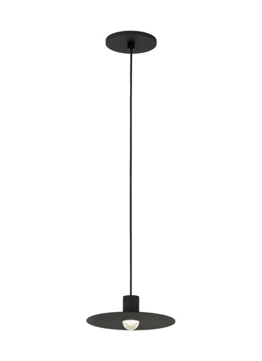 Eaves modern LED disc pendant light in Nightshade Black finish, warm 3000K lighting.