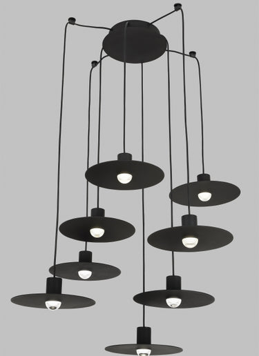 Eaves 8 light adjustable height chandelier in black finish, modern LED dining room lighting.