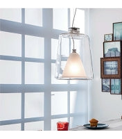 Lanterna 477 suspension lamp by Oluce with dual Murano glass diffusers in transparent and sand-blasted finish