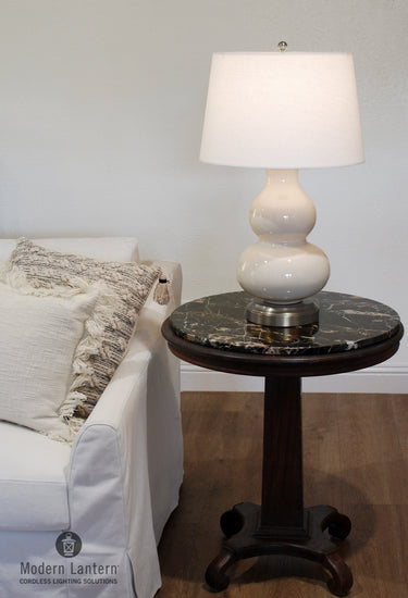 Modern Lantern Marilyn Ivory on Nickel Cordless Lamp in living room setting