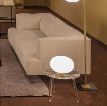Alba 265 table lamp by Oluce with polished opaline glass and satin brass base for bedroom lighting