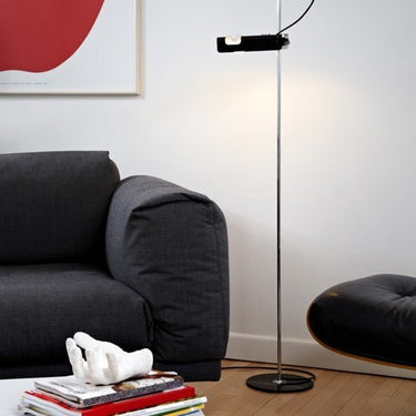 Joe Colombo Spider floor lamp white metal base with chrome-plated stem for office or hotel spaces