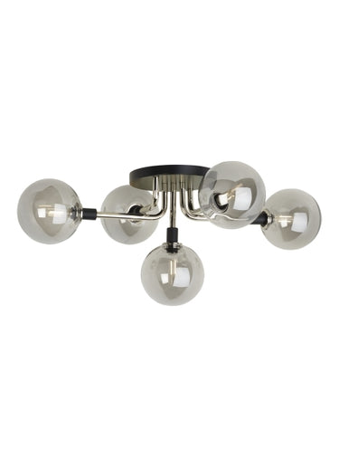 Low-profile LED flush mount with five smoke globe glASS lights for contemporary kitchens, hallways, or guest suites