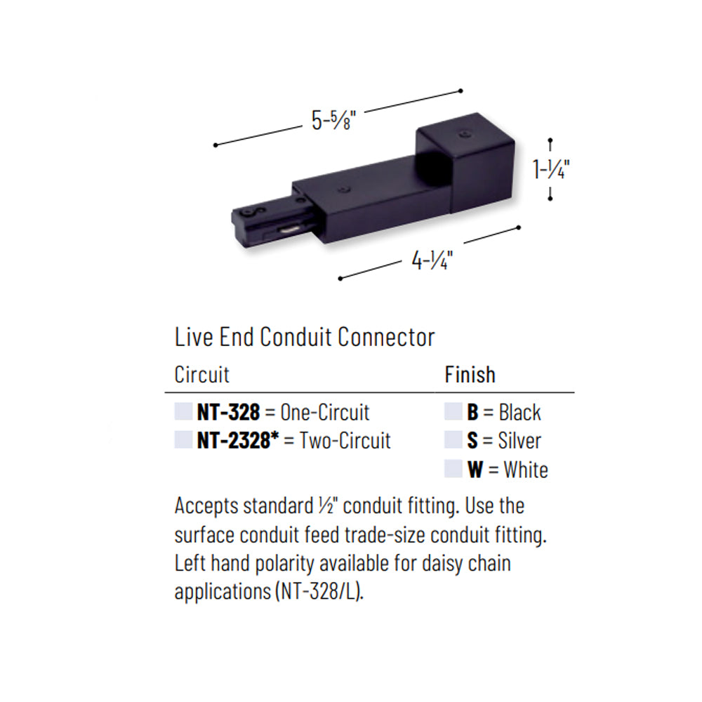 Nora Lighting Two Circuit Track, Live End Conduit Feed