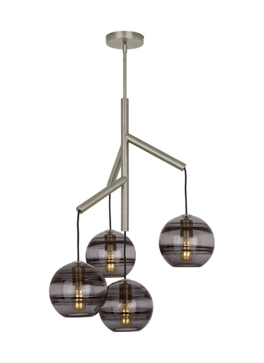 Visual Comfort Sedona chandelier, satin nickle, transparent smoke glass orbs, modern deconstructed design.