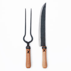 Master Shin’s Anvil hand-forged carving knife and fork with leather pouch