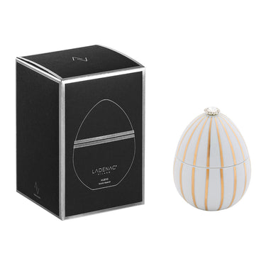Ladenac Bois de Russie 220 g egg – White Gold Stripes egg beside its black gift box