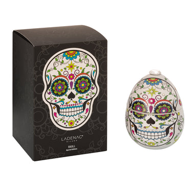 Ladenac Skull candle – White skull beside its black gift box