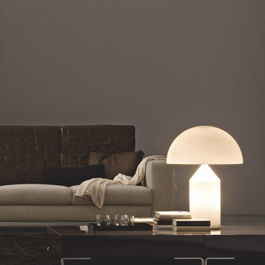 Oluce Atollo designer table lamp in opaline glass with hemisphere shade and cylindrical base