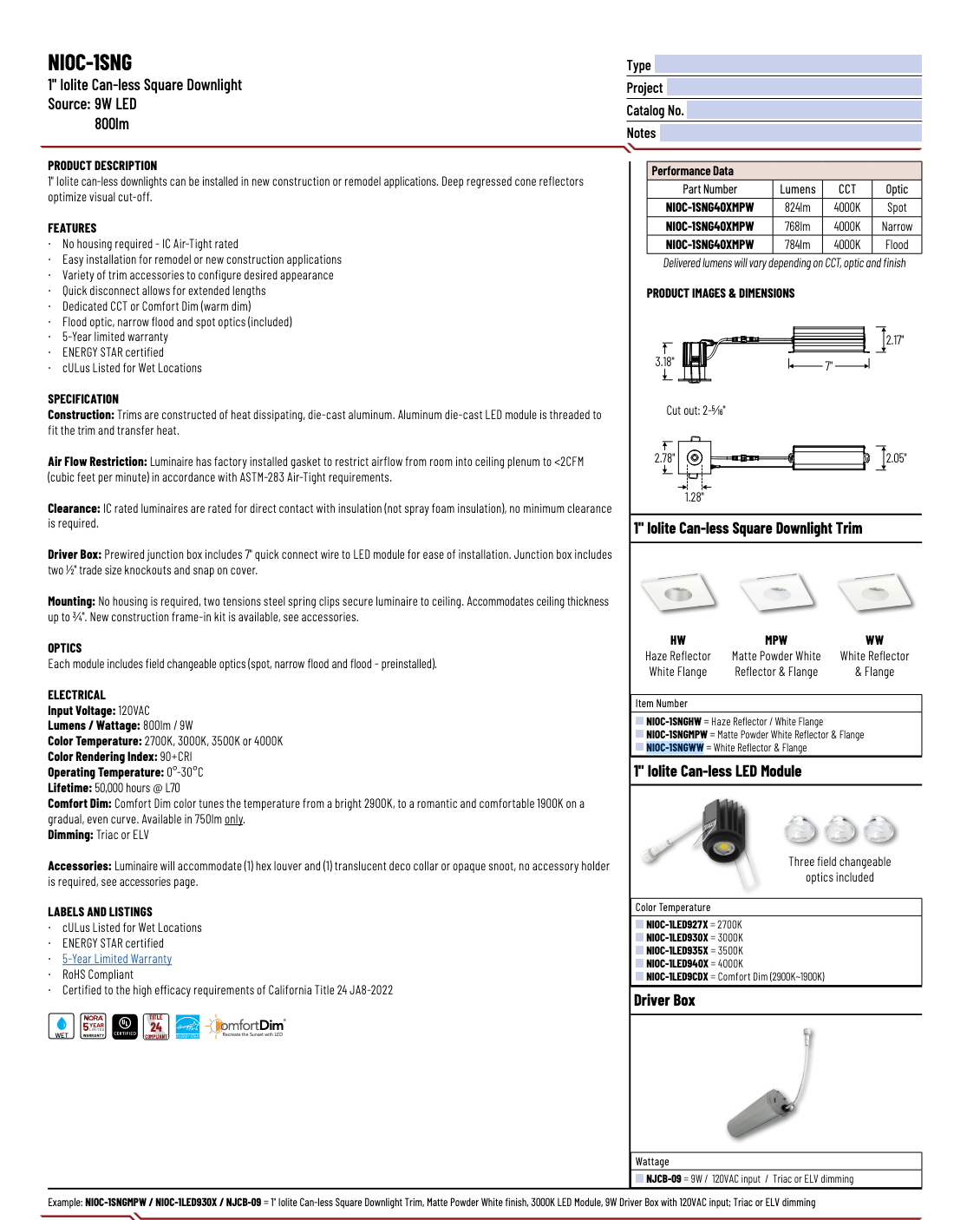 1-Inch Nora Lighting Iolite LED Recessed Downlight Trim | Spec Sheet