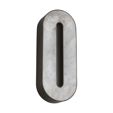 Modern bronze alabaster 12-inch wall light illuminating a commercial office space. 