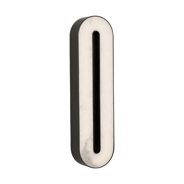 Modern 18-inch bronze Wyllis wall sconce, natural veined alabaster. Elevates luxury homes & hospitality spaces.