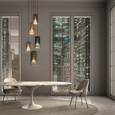 Penta Lit pendant light with a borosilicate glass shade on a white background