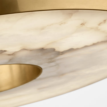 Detailed view of Wyllis chandelier's unique veined alabaster diffuser & antique brass.