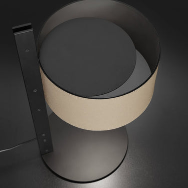 Oluce Parallel desk lamp with black metal stem and sand leather exterior