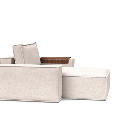Scandinavian deep seat lounger chair with wide arms and hidden storage in 255 Adario Basmati fabric