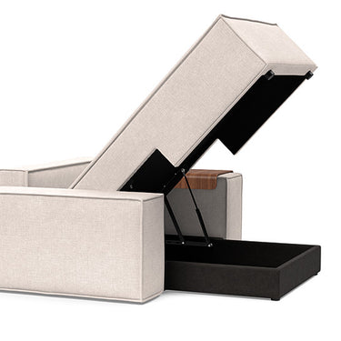 Modern deep seat lounger chair with storage box and wide upholstered arms in 255 Adario Basmati