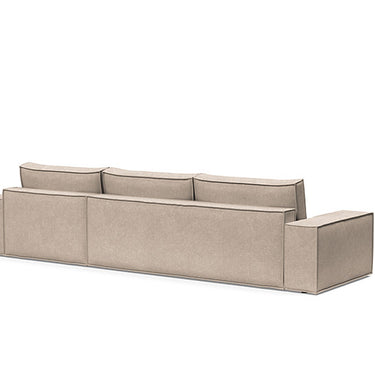 Innovation Living Newilla sleeper sofa bed with modular lounger, wide arms, and storage in Adario Basmati fabric