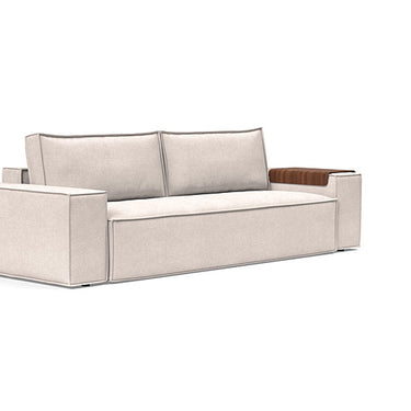 Newilla wide arm sleeper sofa with storage in 255 Adario Basmati fabric by Innovation Living, modern full-size sofa bed for small apartments.
