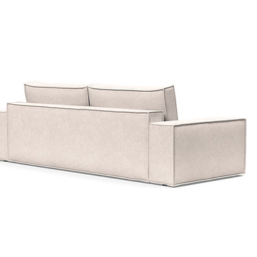 Innovation Living Newilla sofa bed in 255 Adario Basmati, wide arm full-size sleeper sofa with storage for small spaces and multi-use rooms.