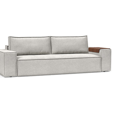 Newilla wide arm sleeper sofa with storage in 256 Adario Fog fabric by Innovation Living, modern full-size sofa bed for small apartments and studios.