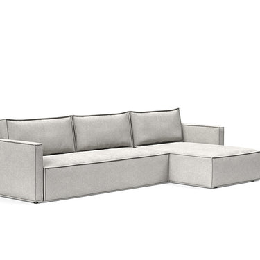 Newilla Sleeper Sofa With Lounger in 256 Adario Fog fabric by Innovation Living with slim arms and Full XL sleeper sectional design.