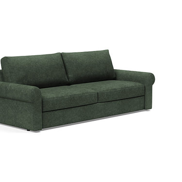 Vilander modern convertible sofa with roll arms in 281 Avella Pine Green by Innovation Living shown as full-size sleeper sofa