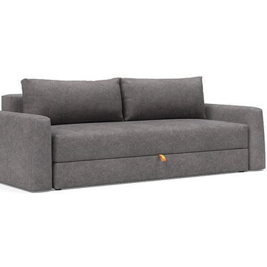 Queen sleeper sofa in 282 Avella Warm Grey – Cone Sofa Bed with storage by Innovation Living shown in a modern living room setting.