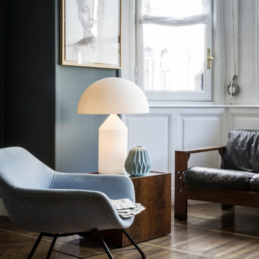 Italian designer Atollo table lamp in white opaline glass for hotel nightstand lighting