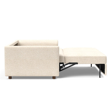 Queen size Neah sleeper sofa in 365 Halifax Shell with curved arms and durable steel frame, modern multifunctional sofa bed for studios or offices.
