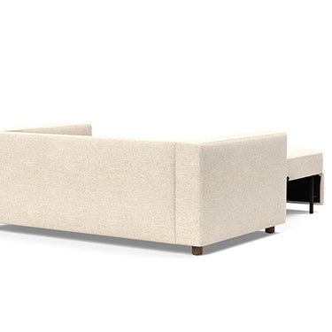 Comfortable full size sofa bed in 365 Halifax Shell color with auto-fold legs and oak base