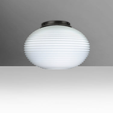 Pape 10 ridged-glass semi-flush in Opal Ribbed, black finish, straight-on | Besa Lighting
