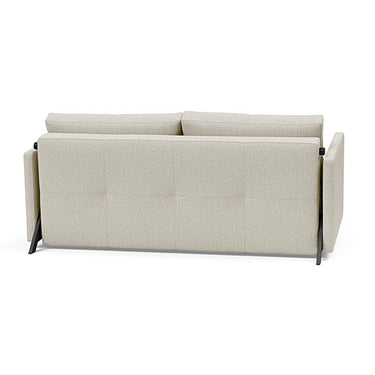 Compact queen sleeper sofa with upholstered arms and storage box