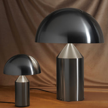 Iconic Oluce Atollo lamp with cylindrical base and dome shade in satin black nickel