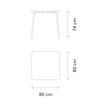 YUA square outdoor table, blomus dimension drawing: 80 x 80 cm top, 74 cm tall
