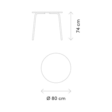 YUA round outdoor table, blomus dimension drawing: 80 cm across, 74 cm tall