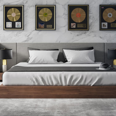 Nova Domus Janice Grey Fabric & Walnut Bed & Nightstands