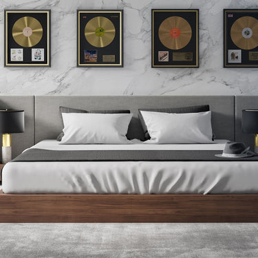 Nova Domus Janice Grey Fabric & Walnut Bed & Nightstands