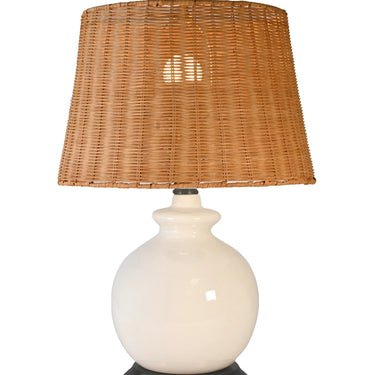 Modern Lantern Abbeygale cordless lamp featuring an ivory ceramic body and fabric shade