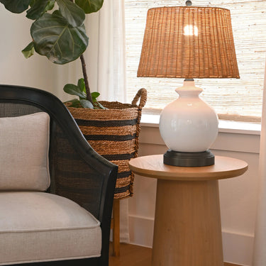 Ivory glazed ceramic table lamp with rechargeable lighting and neutral fabric shade