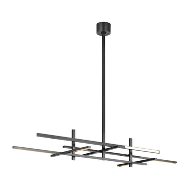 Adjustable crystal shade bronze linear LED chandelier, 26 inch width, modern interior lighting.
