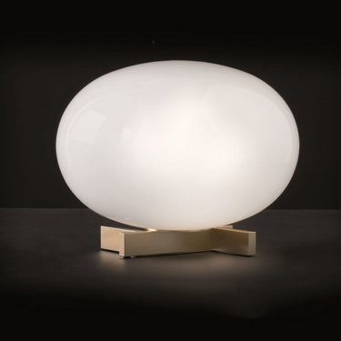 Polished opaline glass table lamp Alba 265 with satin brass finish by Oluce