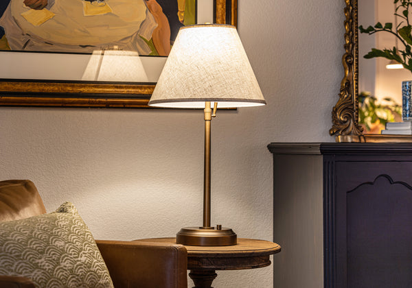 Modern Lantern Alexis Cordless Table Lamp - Dark Antique Brass with Beige Empire Shade