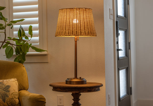 Modern Lantern Alexis Cordless Table Lamp - Dark Antique Brass with Rattan Shade